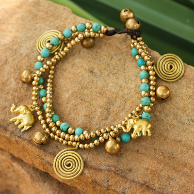 Brass charm bracelet, 'Blue Siam Elephants' - Hand Crafted Brass Charm Bracelet from Thailand