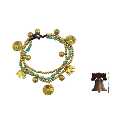 Brass charm bracelet, 'Blue Siam Elephants' - Hand Crafted Brass Charm Bracelet from Thailand