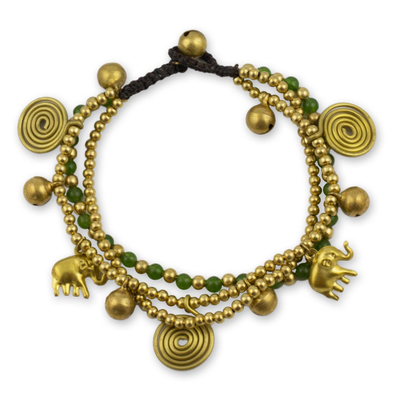 Brass charm bracelet, 'Green Siam Elephants' - Unique Brass and Quartz Beaded Bracelet