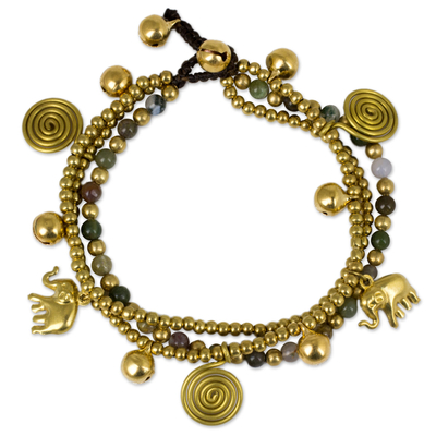 Jasper charm bracelet, 'Colorful Siam Elephants' - Jasper and Brass Beaded Charm Bracelet