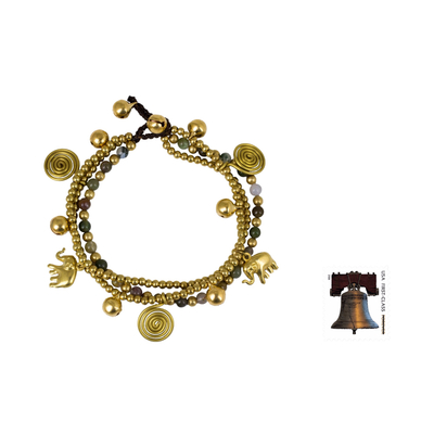 Jasper charm bracelet, 'Colorful Siam Elephants' - Jasper and Brass Beaded Charm Bracelet