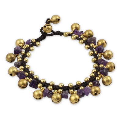 Amethyst beaded bracelet, 'Joyous Bells' - Brass Beaded Amethyst Bracelet