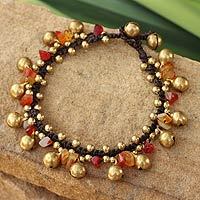 Carnelian beaded bracelet, 'Joyous Bells' - Brass Beaded Carnelian Bracelet from Thailand