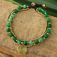 Aventurine beaded wristband, 'Daydreams' - Fair Trade Thai Brass and Aventurine Bracelet