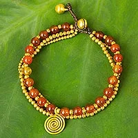 Carnelian beaded wristband, 'Daydreams' - Handmade Bohemian Brass and Carnelian Beaded Bracelet