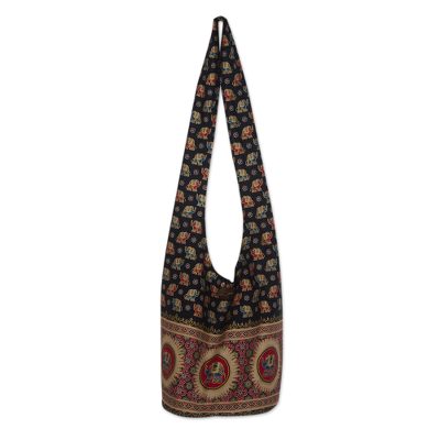 Cotton shoulder bag, 'Black Thai Universe' - Cotton Elephants Shoulder Bag