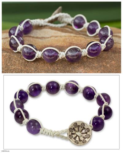 Leather and amethyst beaded bracelet, 'Orbs of Wisdom' - Handmade Leather and Amethyst Beaded Bracelet