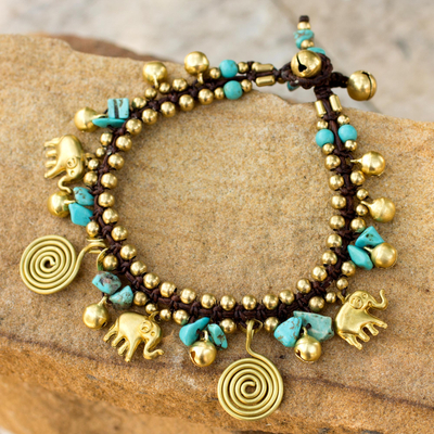 Brass charm bracelet, 'Splendor of Siam' - Calcite and Brass Elephant Charm Bracelet