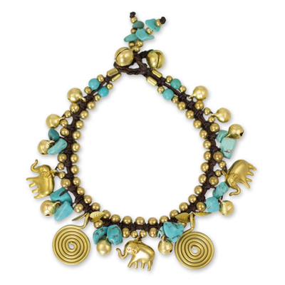 Brass charm bracelet, 'Splendor of Siam' - Calcite and Brass Elephant Charm Bracelet