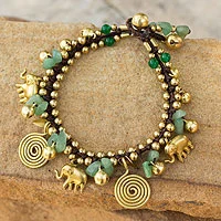 Aventurine charm bracelet, 'Splendor of Siam' - Hand Made Brass and Aventurine Elephant Charm Bracelet