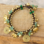 Aventurine charm bracelet, 'Splendor of Siam' - Hand Made Brass and Aventurine Elephant Charm Bracelet