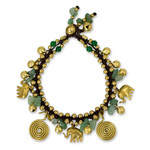 Aventurine charm bracelet, 'Splendor of Siam' - Hand Made Brass and Aventurine Elephant Charm Bracelet