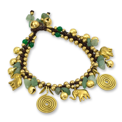 Aventurine charm bracelet, 'Splendor of Siam' - Hand Made Brass and Aventurine Elephant Charm Bracelet