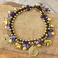 Amethyst charm bracelet, 'Splendor of Siam' - Hand Crafted Brass and Amethyst Elephant Charm Bracelet