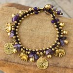 Amethyst charm bracelet, 'Splendor of Siam' - Hand Crafted Brass and Amethyst Elephant Charm Bracelet