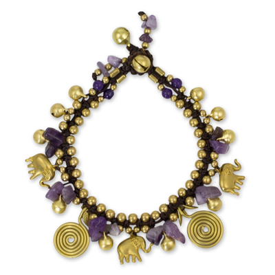 Amethyst charm bracelet, 'Splendor of Siam' - Hand Crafted Brass and Amethyst Elephant Charm Bracelet