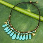 Beaded waterfall necklace, 'Siam Legacy' - Beaded Turquoise Colored Elephant Necklace