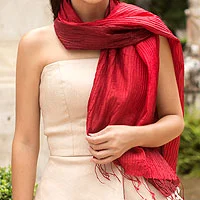 Curated gift set, 'Fire Orchid' - Curated Gift Set with Necklace Earrings and Scarf in Red