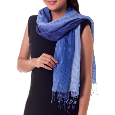 Silk pintuck scarf, 'Royal Blue Transition' - Silk Scarf in Blue Ombre