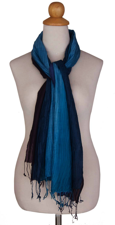 Pin tuck shawl, 'Turquoise Teal Transition' - Ombre Pin Tuck Shawl from Thailand