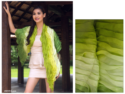 Silk scarf, 'Evolving Green' - Ombre Silk Scarf in Yellow and Green