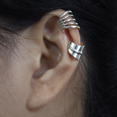 Pendientes ear cuff en plata de primera ley, (par) - Pendientes ear cuff modernos de plata de ley (par)