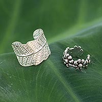Sterling silver ear cuff earrings, Foliage and Flowers (pair)