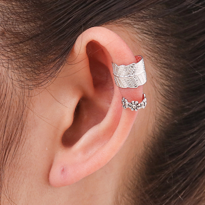 Sterling silver ear cuff earrings, 'Foliage and Flowers' (pair) - Sterling silver ear cuff earrings (Pair)