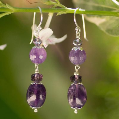 Amethyst dangle earrings, 'Beauteous Iris' - Handmade Beaded Amethyst Earrings