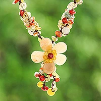 Quartz and carnelian flower necklace, 'Dazzling Bloom'