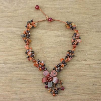 Jasper and carnelian flower necklace, 'Dazzling Bloom' - Jasper and carnelian flower necklace