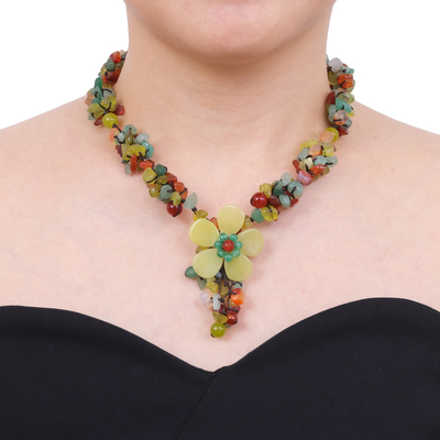 Serpentine and carnelian flower necklace, 'Dazzling Bloom' - Hand Made Floral Carnelian and Serpentine Necklace