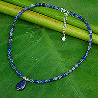 Lapis lazuli pendant necklace, 'Depths of Blue' - Beaded Dazzling Blue Pendant Necklace