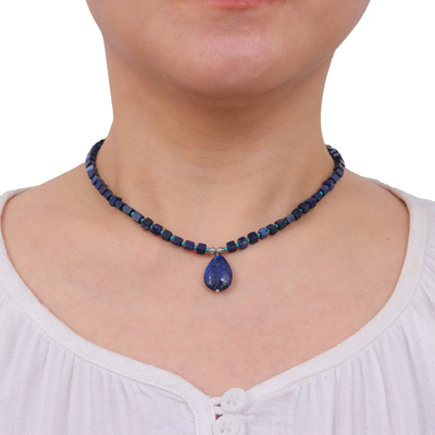 Lapis lazuli pendant necklace, 'Depths of Blue' - Beaded Lapis Lazuli Necklace