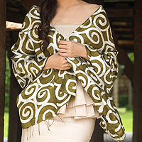 Silk shawl, 'Olive Thai Maze'