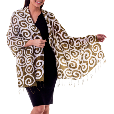 Silk shawl, 'Olive Thai Maze' - Thai Artisan Crafted Silk Shawl