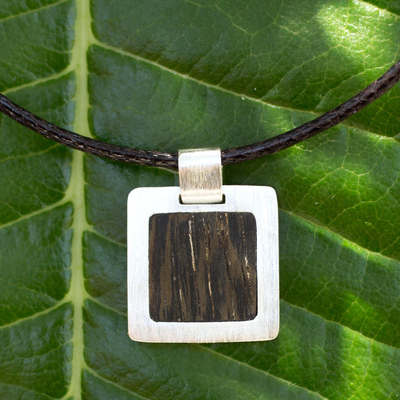 Men's sterling silver and wood pendant necklace, 'Forest' - Men's sterling silver and wood pendant necklace
