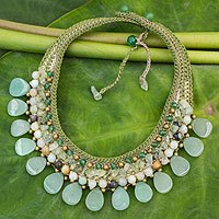 Amazonite and prehnite choker, 'Dawn Forest' - Hill Tribe Quartz and Prehnite Choker Necklace