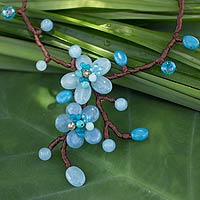 Beaded flower necklace, 'Turquoise Spray' - Beaded flower necklace