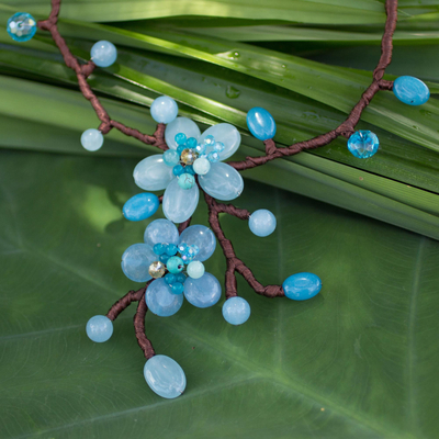 Beaded flower necklace, 'Turquoise Spray' - Beaded flower necklace