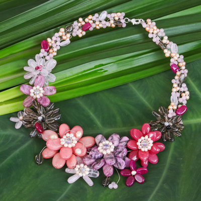 Multi-gemstone beaded necklace, 'Pink Camellia' - Cultured Pearl and Rose Quartz Beaded Necklace