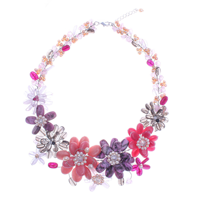 Multi-gemstone beaded necklace, 'Pink Camellia' - Cultured Pearl and Rose Quartz Beaded Necklace