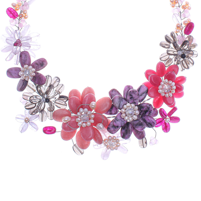 Collar con cuentas de piedras preciosas Múltiples - Collar con cuentas de cuarzo rosa y perlas cultivadas