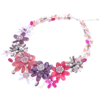 Collar con cuentas de piedras preciosas Múltiples - Collar con cuentas de cuarzo rosa y perlas cultivadas