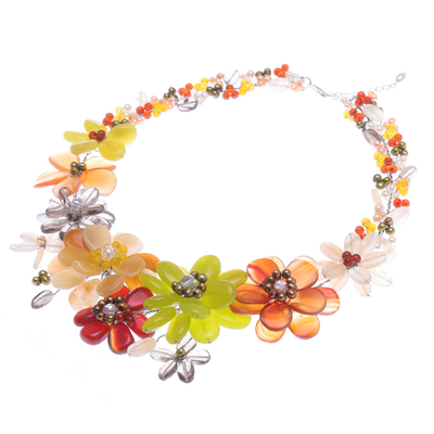 Cultured pearl and carnelian beaded necklace, 'Joyous Camellia' - Cultured pearl and carnelian beaded necklace