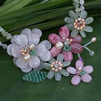 Cultured pearl and rose quartz beaded necklace, 'Eden' - Handcrafted Floral Cultured Pearl and Rose Quartz Necklace