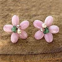 Cultured pearl and quartz flower earrings, 'Pink Thai Daisy' - Pink and Green Flower Earrings with Pearl