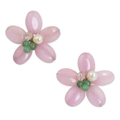 Cultured pearl and quartz flower earrings, 'Pink Thai Daisy' - Pink and Green Flower Earrings with Pearl