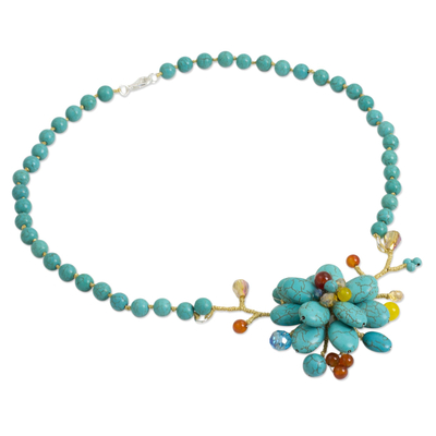 Carnelian beaded flower necklace, 'Amsonia in Bloom' - Handcrafted Floral Quartz and Carnelian Necklace