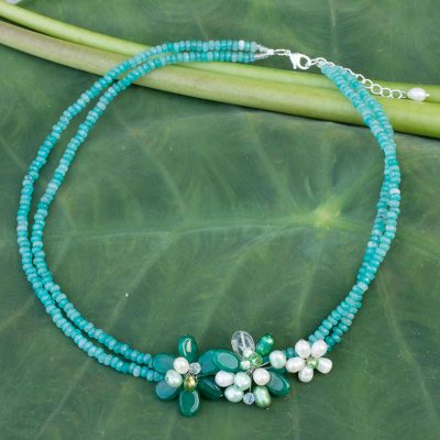 Cultured pearl and quartz flower necklace, 'Green Floral Princess' - Cultured pearl and quartz flower necklace